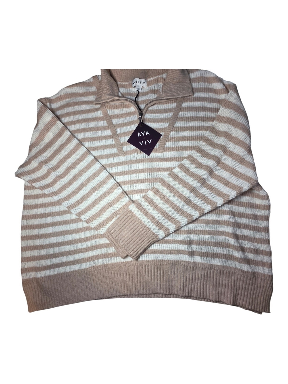 Ava & Viv NWT Tan White Striped Quarter Zip Pullover Sweater Plus Size 3x